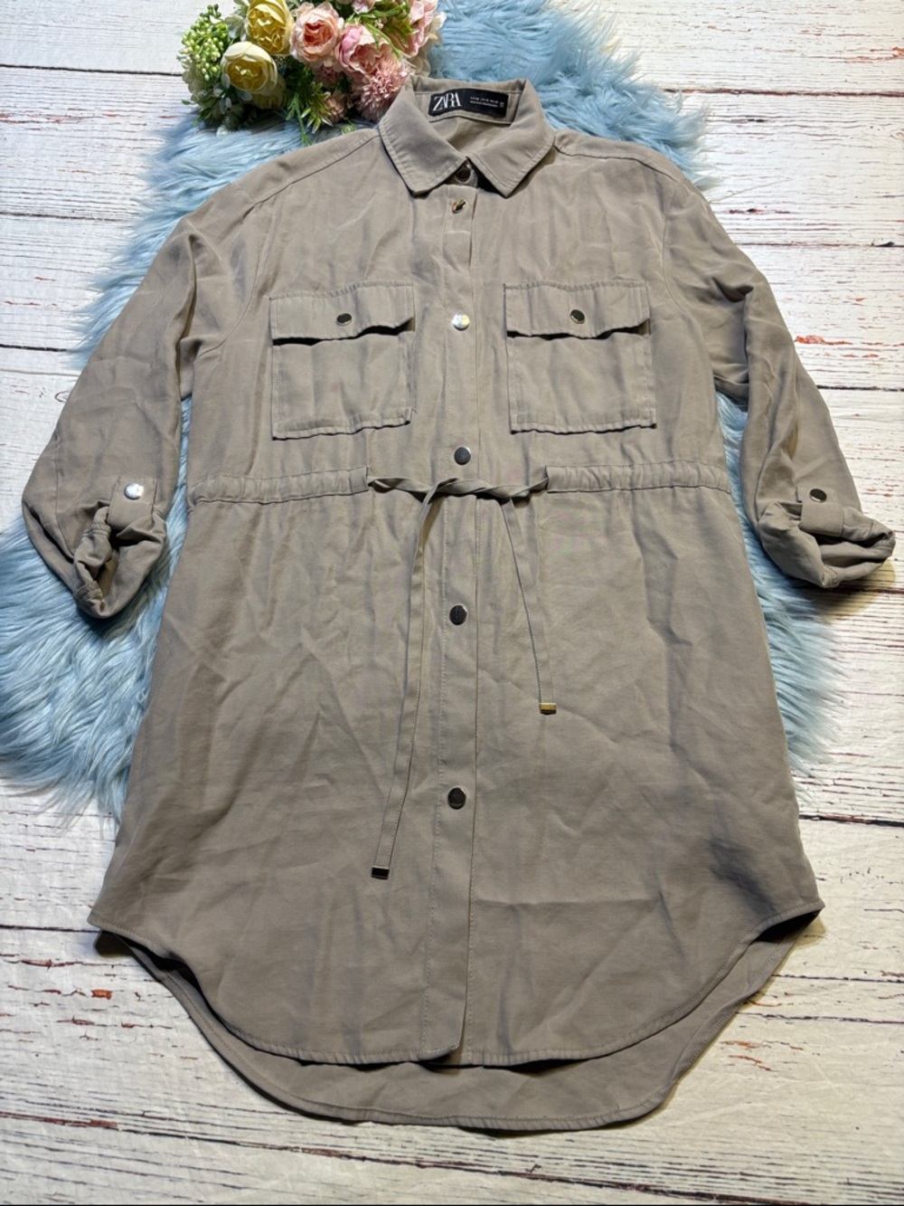 Zara Taupe Drawstring Utility Shirt Dress sz XS